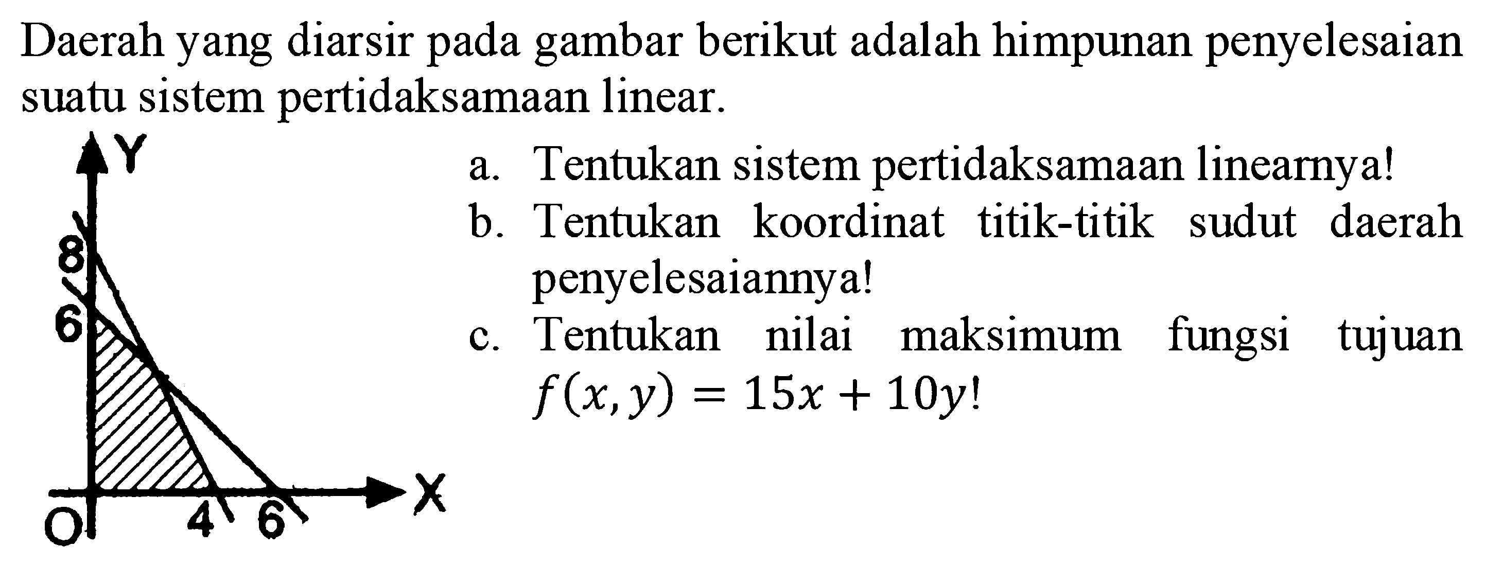 Daerah yang diarsir pada gambar berikut adalah himpunan penyelesaian suatu sistem pertidaksamaan linear. a. Tentukan sistem pertidaksamaan lineamyal b. Tentukan koordinat titik-titik sudut daerah penyelesaiannya! c. Tentukan nilai maksimum fungsi tujuan f(x,y)=15x+10y!