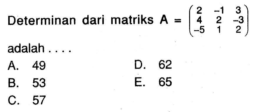 Determinan dari matriks A=(2 1 -3 4 2 -3 -5 1 2) adalah ...