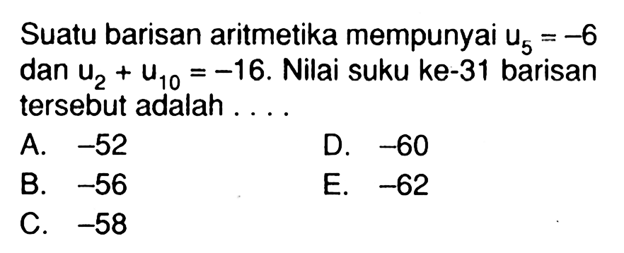 Suatu barisan aritmetika mempunyai u5=-6 dan u2+u10=-16. Nilai suku ke-31 barisan tersebut adalah ....