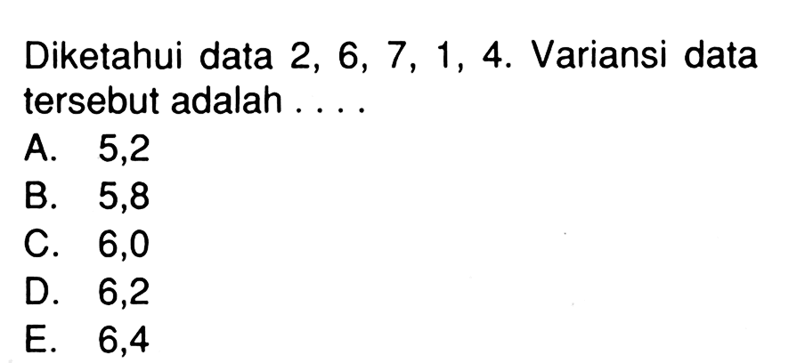 Diketahui data 2, 6, 7, 1, 4. Variansi data tersebut adalah ...