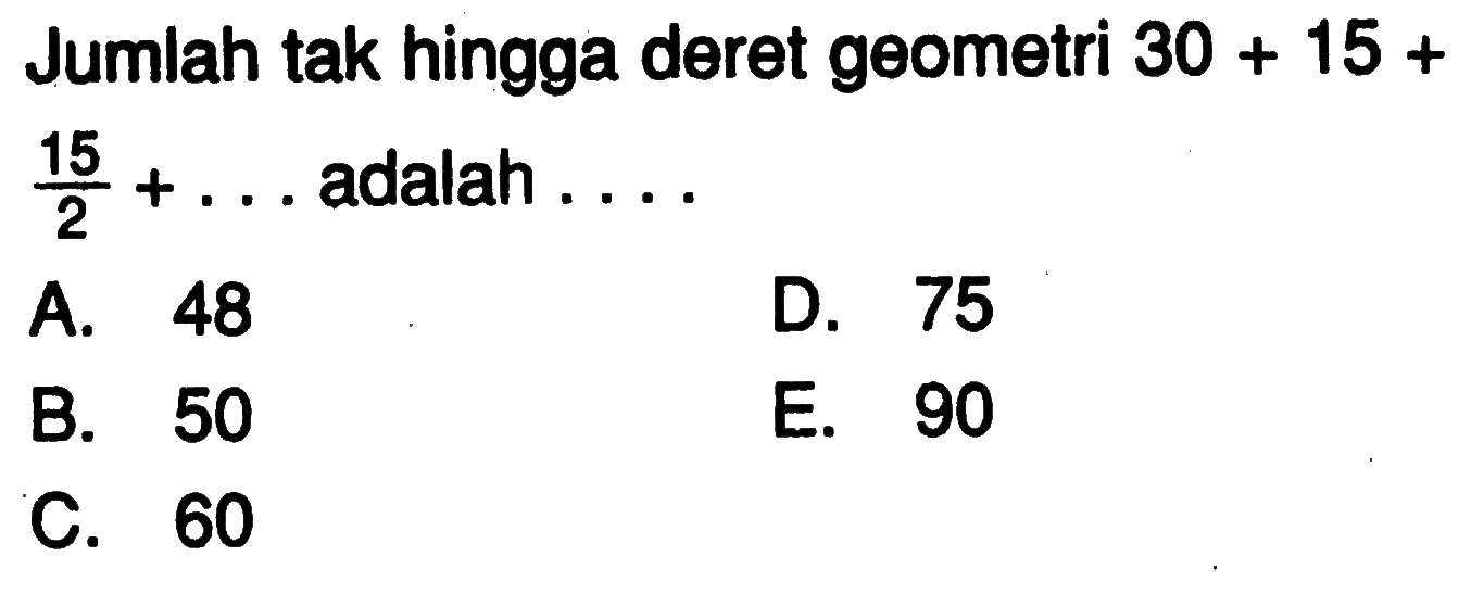 Jumlah tak hingga deret geometri 30+15+15/2+... adalah... 