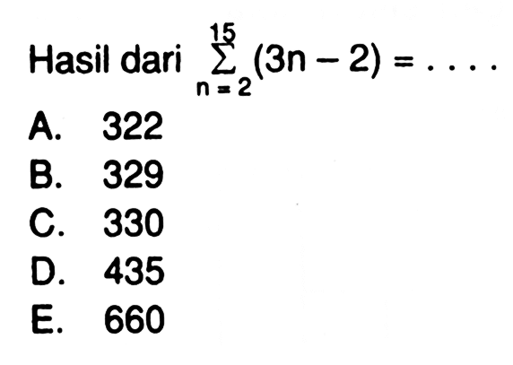 Hasil dari sigma n=2 15 (3n-2)= ....