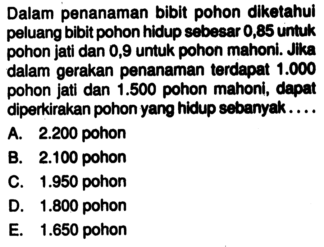 Dalam penanaman bibit pohon diketahui peluang bibit pohon hidup sebesar 0,85 untuk pohon jati dan 0,9 untuk pohon mahoni. Jika dalam gerakan penanaman terdapat 1.000 pohon jati dan 1.500 pohon mahoni, dapat diperkirakan pohon yang hidup sebanyak....