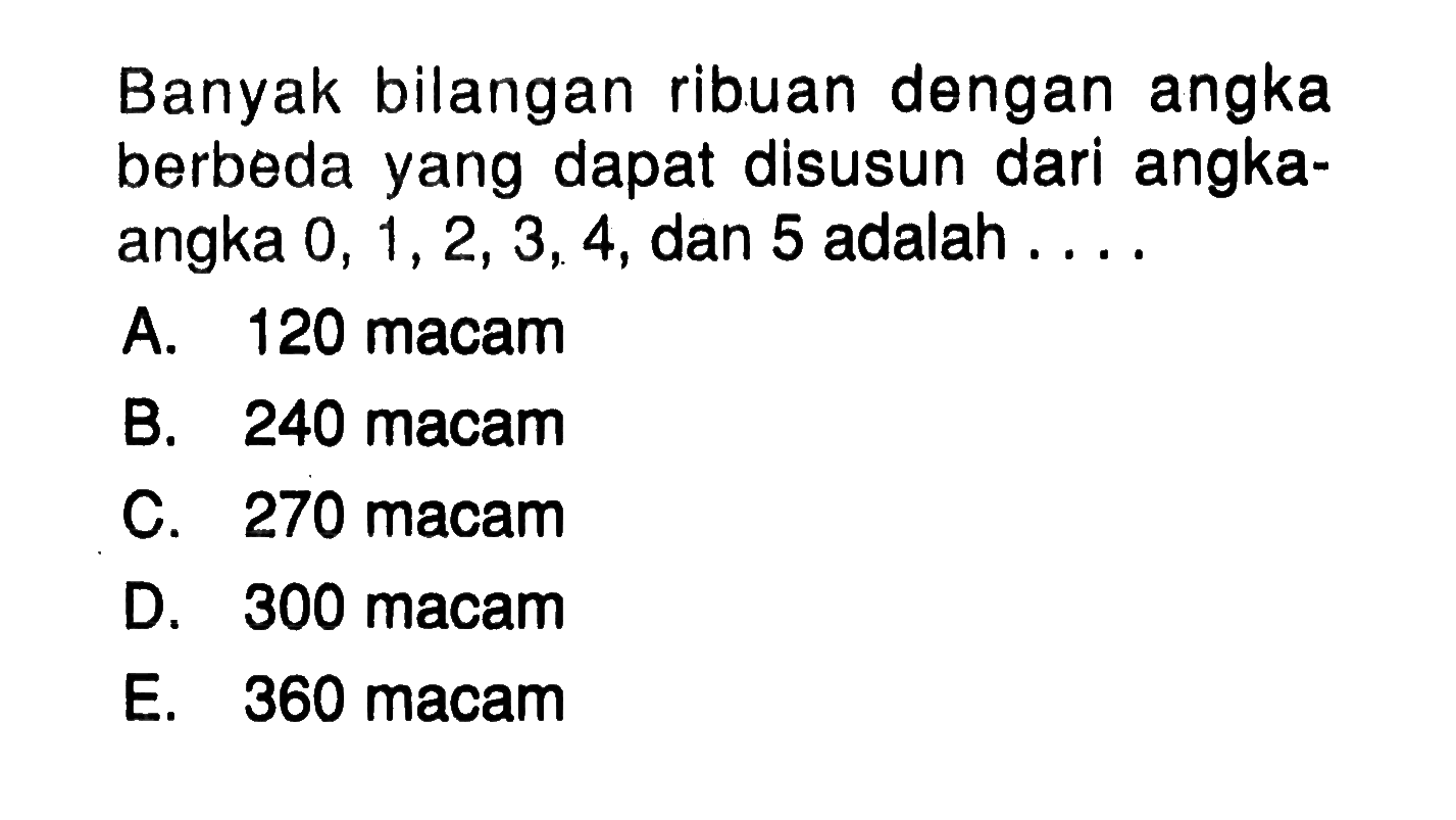 Banyak bilangan ribuan dengan angka berbeda yang dapat disusun dari angka-angka 0,1,2,3,4, dan 5 adalah ....