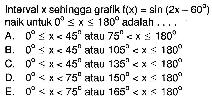 Interval x sehingga grafik f(x)=sin (2x-60) naik untuk 0 <=x<= 180 adalah .... 