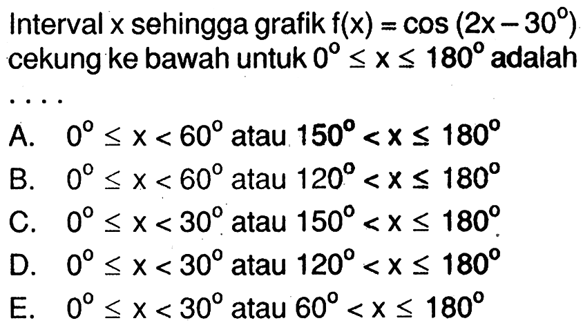 Interval x sehingga grafik f(x)=cos (2x-30) cekung ke bawah untuk 0<=x<=180 adalah