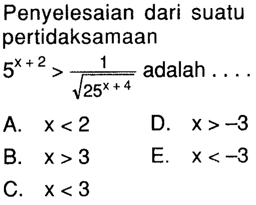 Penyelesaian dari suatu pertidaksamaan 5^(x + 2)>1/(akar(25^(x+4)) adalah