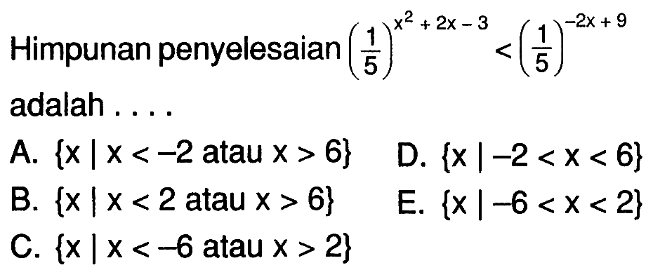 Himpunan penyelesaian (1/5)^(x^2+2x-3) <(1/5)^(-2x+9) adalah