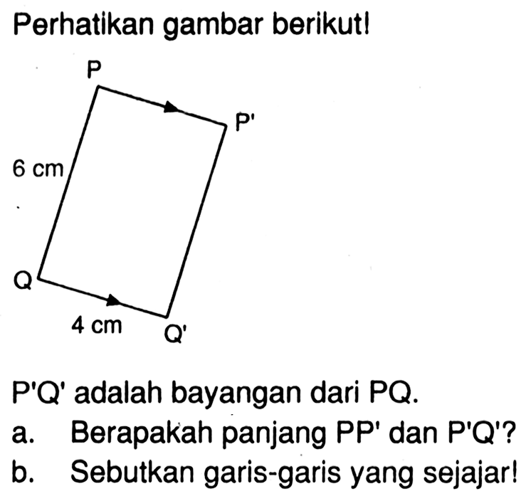 Perhatikan gambar berikut! P 6 cm Q 4 cm Q1 P1 P'Q' adalah bayangan dari PQ. a. Berapakah panjang PP' dan P'Q'? b. Sebutkan garis-garis yang sejajar! 