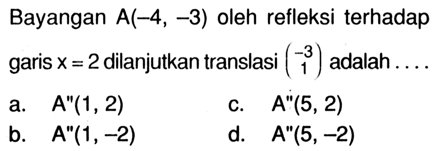 Bayangan A(-4,-3) oleh refleksi terhadap garis x=2 dilanjutkan translasi (-3 1) adalah ....