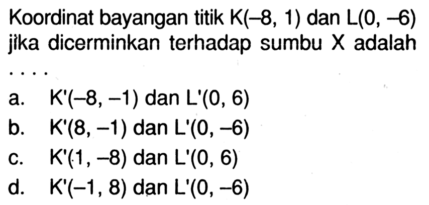 Koordinat bayangan titik K(-8,1) dan L(0,-6) jika dicerminkan terhadap sumbu X adalah