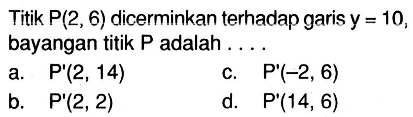 Titik P(2,6) dicerminkan terhadap garis y=10, bayangan titik P adalah ....