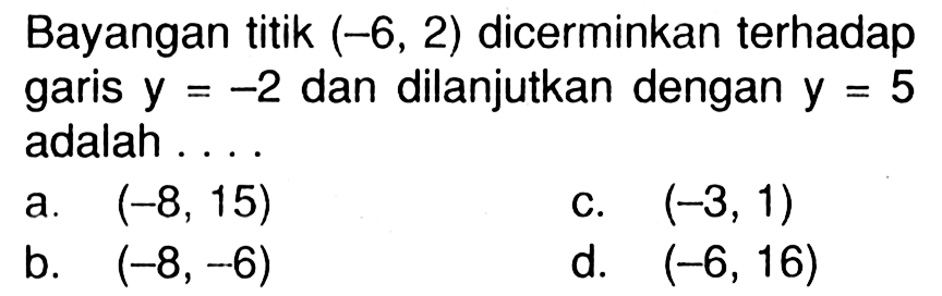 Bayangan titik (-6,2) dicerminkan terhadap garis y=-2 dan dilanjutkan dengan y=5 adalah .... 