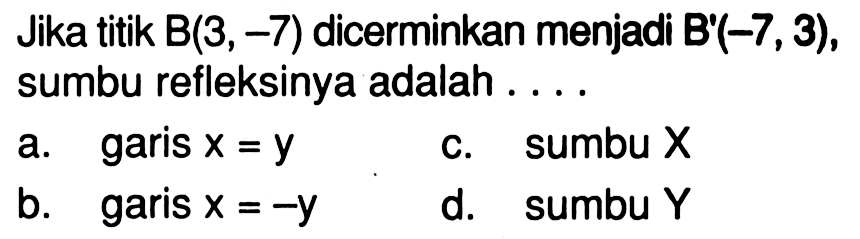 Jika titik B(3,-7) dicerminkan menjadi B'(-7,3), sumbu refleksinya adalah ...