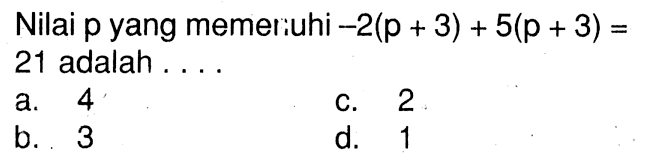 Nilai p yang memenuhi -2(p+3) + 5(p+3) 21 adalah