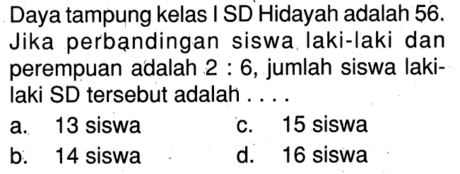 Daya tampung kelas I SD Hidayah adalah 56. Jika perbandingan siswa laki-laki dan perempuan adalah 2: 6, jumlah siswa laki- laki SD tersebut adalah