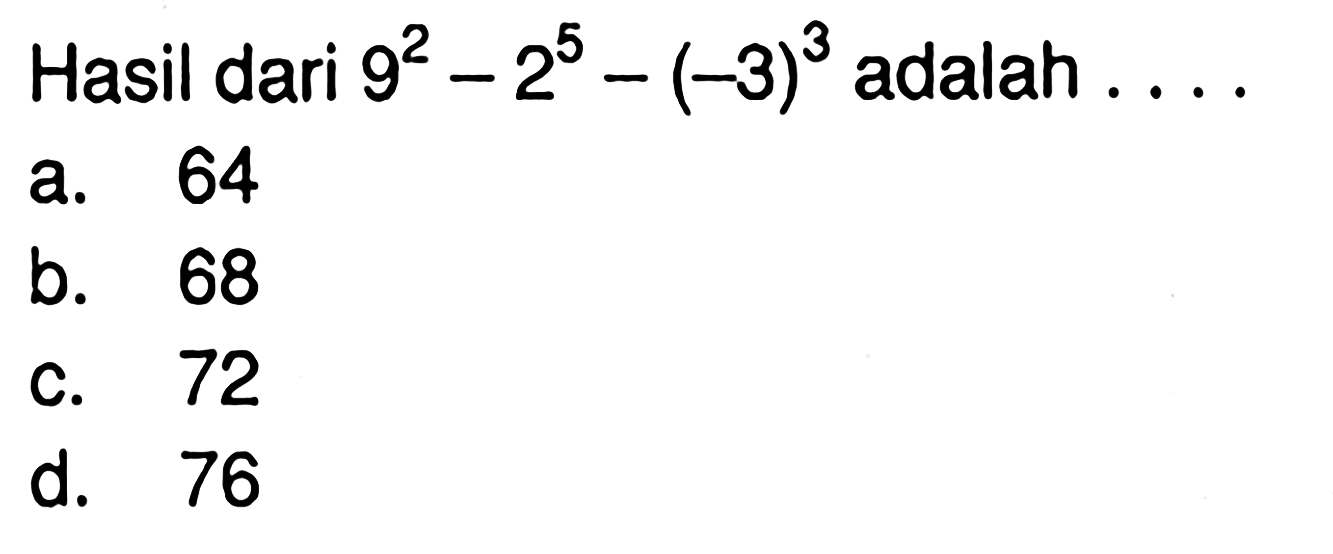 Hasil dari 9^2 - 2^5 - (-3)^3 adalah