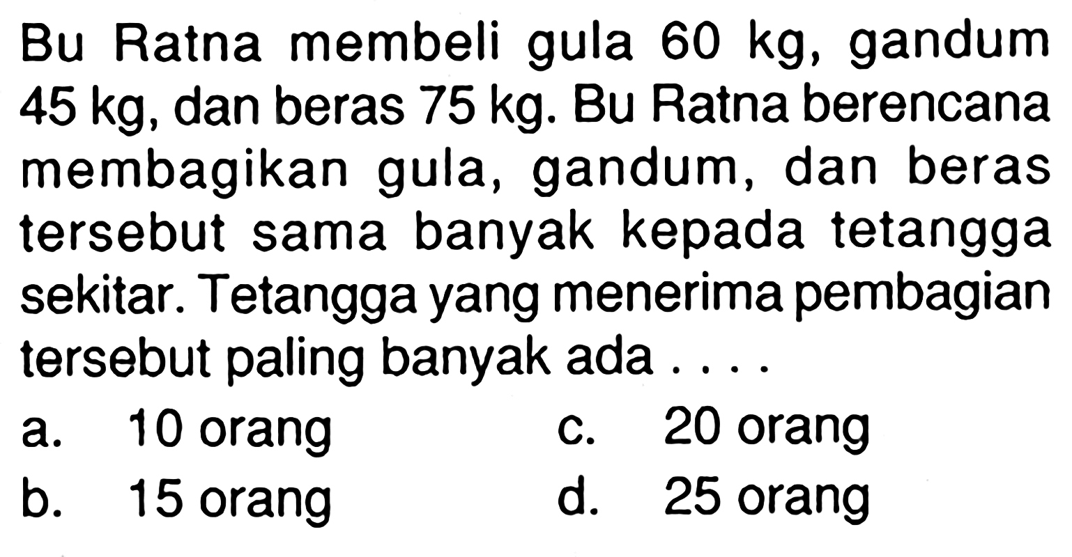 Bu Ratna membeli gula 60 kg, gandum 45 kg, dan beras 75 kg. Bu Ratna berencana membagikan gula, gandum, dan beras tersebut sama banyak kepada tetangga sekitar. Tetangga yang menerima pembagian tersebut paling banyak ada , , , ,