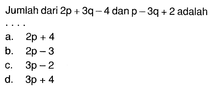 Jumlah dari 2p + 3q - 4 dan p - 3q + 2 adalah ....