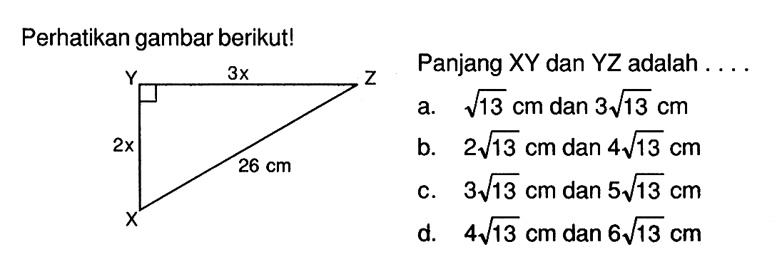 perhatikan gambar berikut! 3x 2x 26 cmPanjang XY dan YZ adalah....a. akar(13) cm dan 3 akar(13) cm b. 2 akar(13) cm dan 4 akar(13) cm c. 3 akar(13) cm dan 5 akar(13) cm d. 4 akar(13) cm dan 6 akar(13) cm 