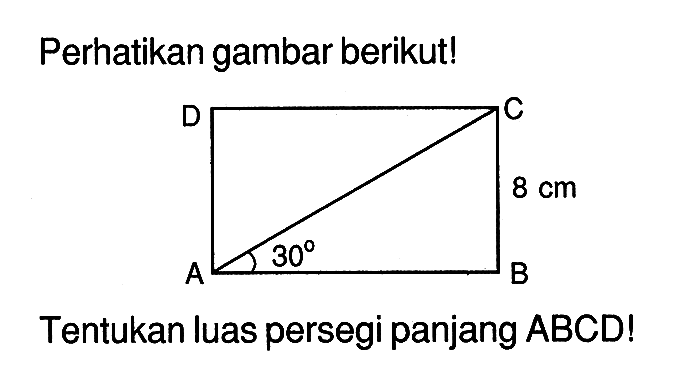 Perhatikan gambar berikut! Tentukan luas persegi panjang ABCD! 8 cm 30