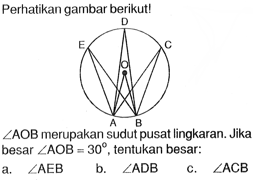 Perhatikan gambar berikut!Sudut AOB merupakan sudut pusat lingkaran. Jika besar sudut AOB=30, tentukan besar:a. sudut AEB b. sudut ADB c. sudut ACB 