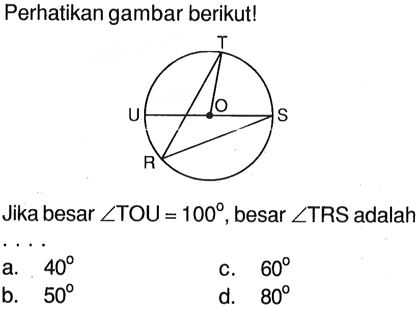 Perhatikan gambar berikut! Jika besar sudut TOU=100, besar sudut TRS adalah ... a. 40 c. 60 b. 50 d. 80