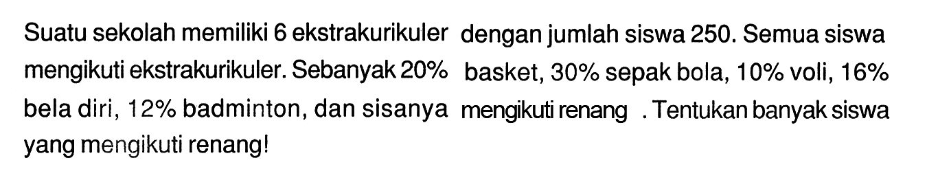 Suatu sekolah memiliki 6 ekstrakurikuler dengan jumlah siswa 250. Semua siswa mengikuti ekstrakurikuler. Sebanyak  20 %  basket,  30 %  sepak bola,  10 %  voli,  16 %  bela diri,  12 %  badminton, dan sisanya mengikuti renang. Tentukan banyak siswa yang mengikuti renang!