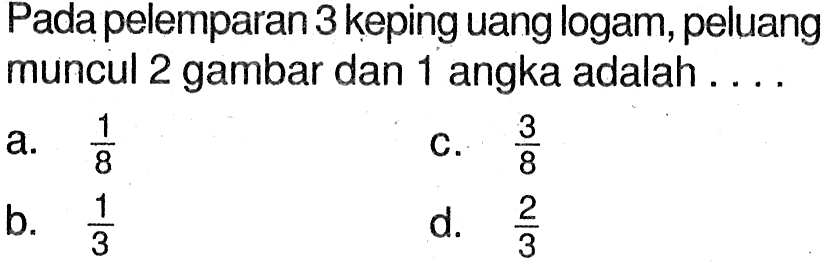 Pada pelemparan 3 keping uang logam, peluang muncul 2 gambar dan 1 angka adalah .... 