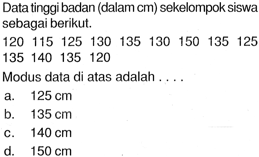 Data tinggi badan (dalam cm ) sekelompok siswa sebagai berikut. 120 115 125 130 135 130 150 135 125 135 140 135 120 Modus data di atas adalah .... 