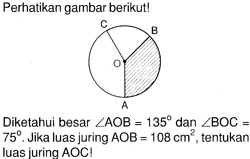 Perhatikan gambar berikut! C B O ADiketahui besar sudut AOB=135 dan sudut BOC=75. Jika luas juring AOB=108 cm^2, tentukan luas juring AOC!