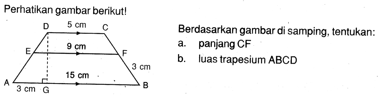 Perhatikan gambar berikut! 5 cm 9 cm 15 cm 3 cm 3 cm Berdasarkan gambar di samping, tentukan: a. panjang CF b. luas trapesium ABCD 