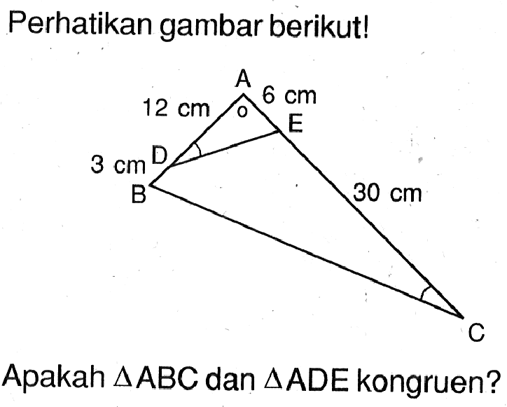 Perhatikan gambar berikut! A 12 cm 6 cm D E 3 cm B 30 cm CApakah segitiga ABC dan segitiga ADE kongruen?