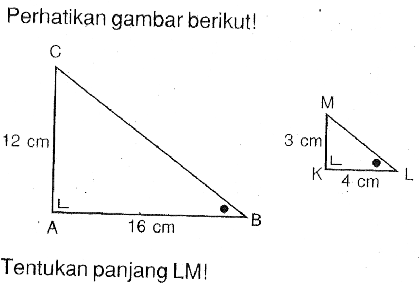 Perhatikan gambar berikut! 12 cm 16 cm 3 cm 4 cm Tentukan panjang LM!