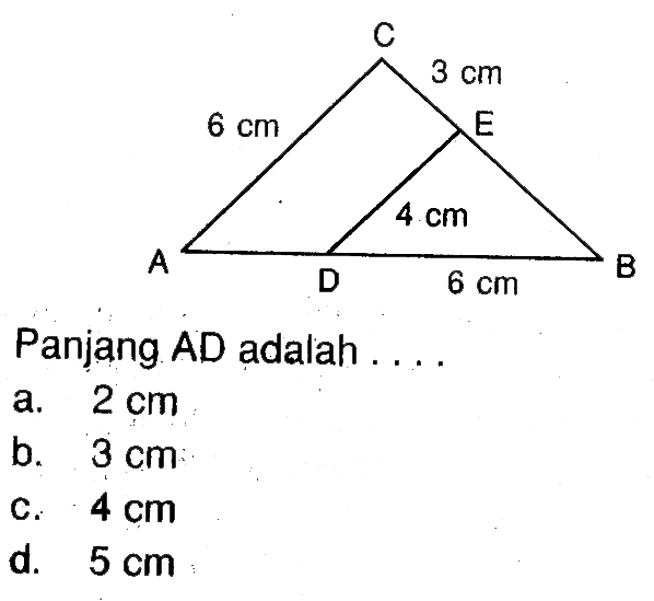 C 3 cm 6 cm E 4 cm A D 6 cm B Panjang AD adalah .... a. 2 cm b. 3 cm c. 4 cm d. 5 cm