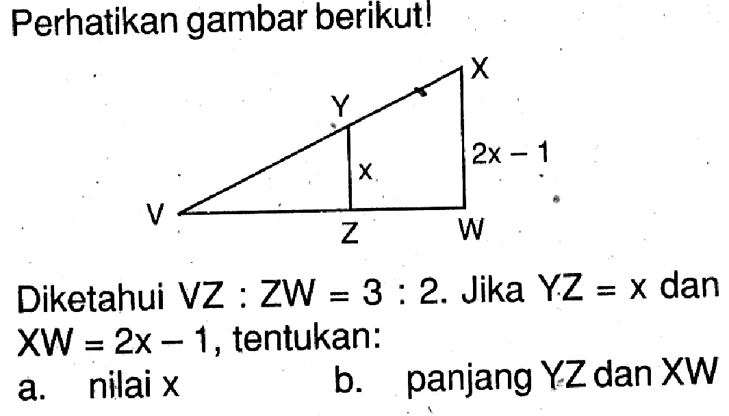 Perhatikan gambar berikut! 2x-1Diketahui  V Z: Z W=3: 2 . Jika  Y Z=x  dan  X W=2 x-1 , tentukan:a. nilai  x b. panjang  YZ  dan  XW 