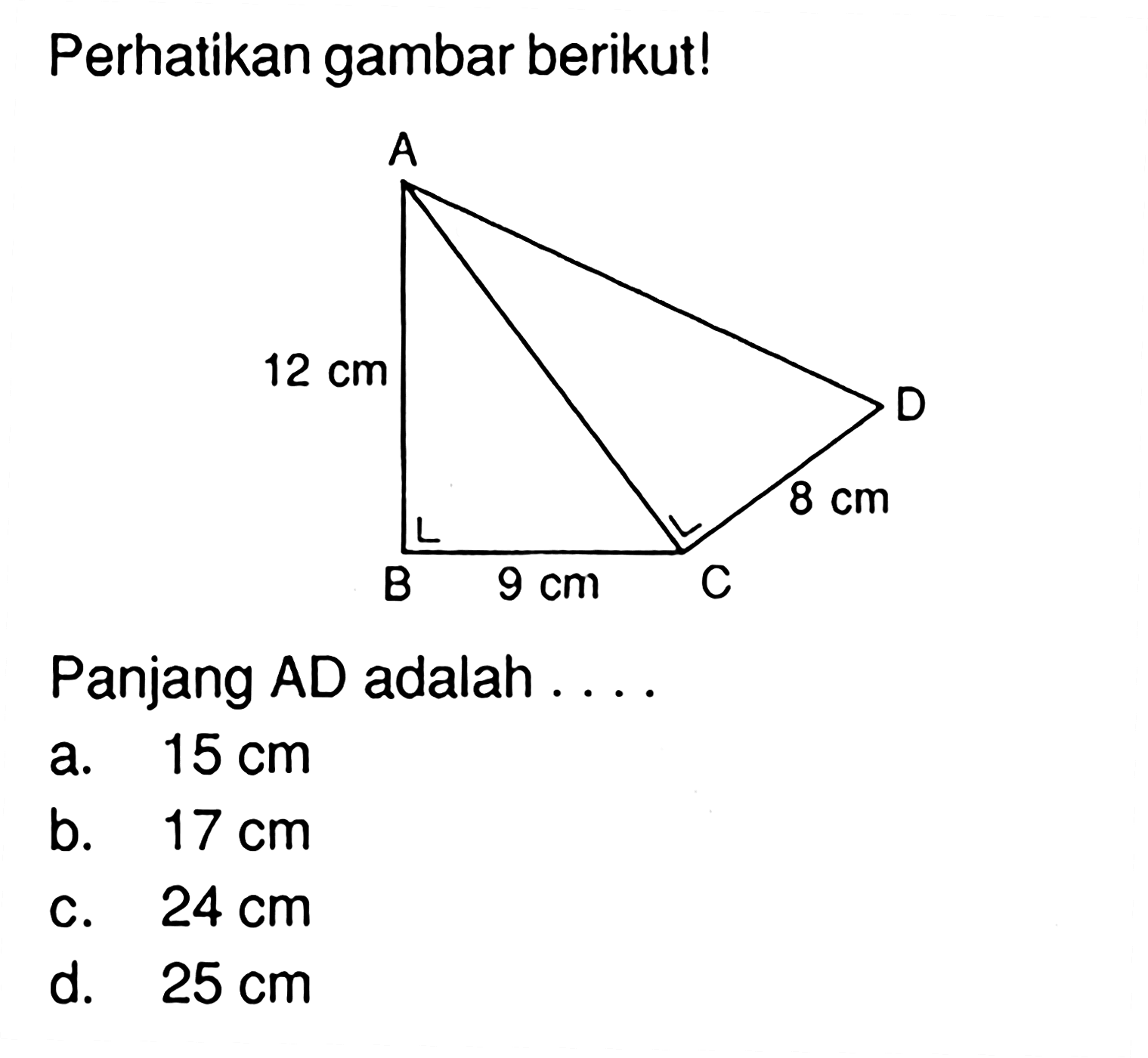 Perhatikan gambar berikut!Panjang AD adalah . . . .