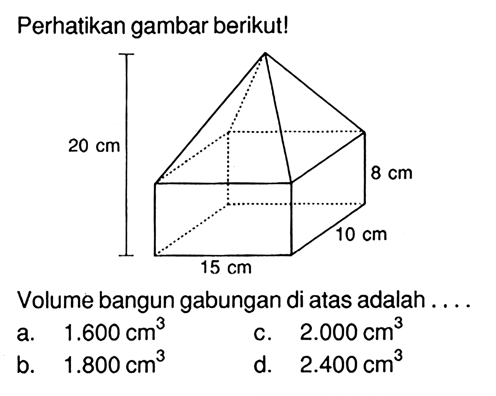 Perhatikan gambar berikut! 20 cm 15 cm 10 cm 8 cmVolume bangun gabungan di atas adalah ....