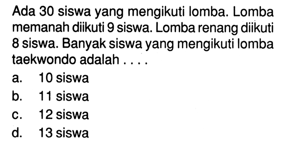 Ada 30 siswa yang mengikuti lomba. Lomba memanah diikuti 9 siswa. Lomba renang diikuti 8 siswa. Banyak siswa yang mengikuti lomba taekwondo adalah ....