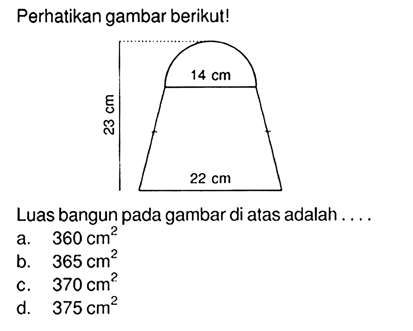 Perhatikan gambar berikut! 23 cm 14 cm 22 cmLuas bangun pada gambar di atas adalah ....