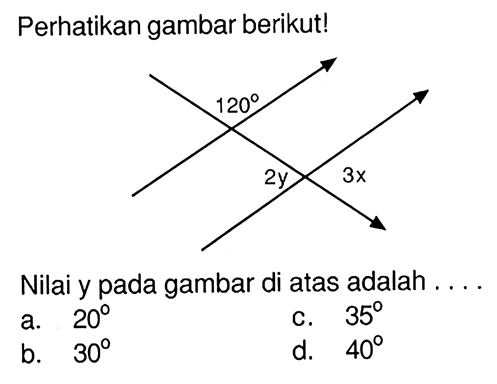 Perikan gambar berikut! Nilai y pada gambar di atas adalah ....120 2y 3x