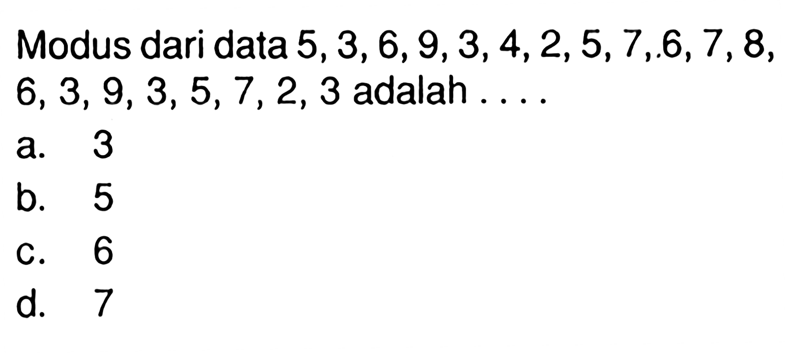 Modus dari data 5,3,6,9,3,4,2,5,7,6,7,8, 6,3,9,3,5,7,2,3 adalah ....