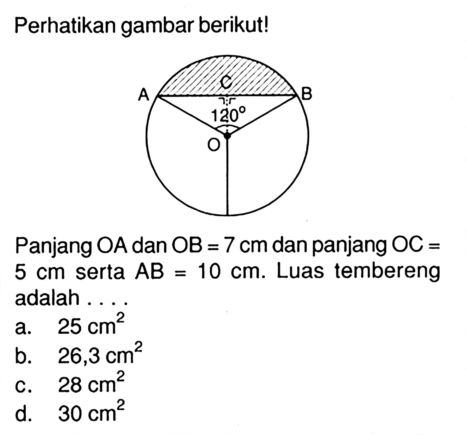 Perhatikan gambar berikut! A C B O 120 Panjang OA dan OB=7 cm dan panjang OC= 5 cm serta AB=10 cm. Luas tembereng adalah ...a. 25 cm^2 b. 26,3 cm^2 c. 28 cm^2 d. 30 cm^2 