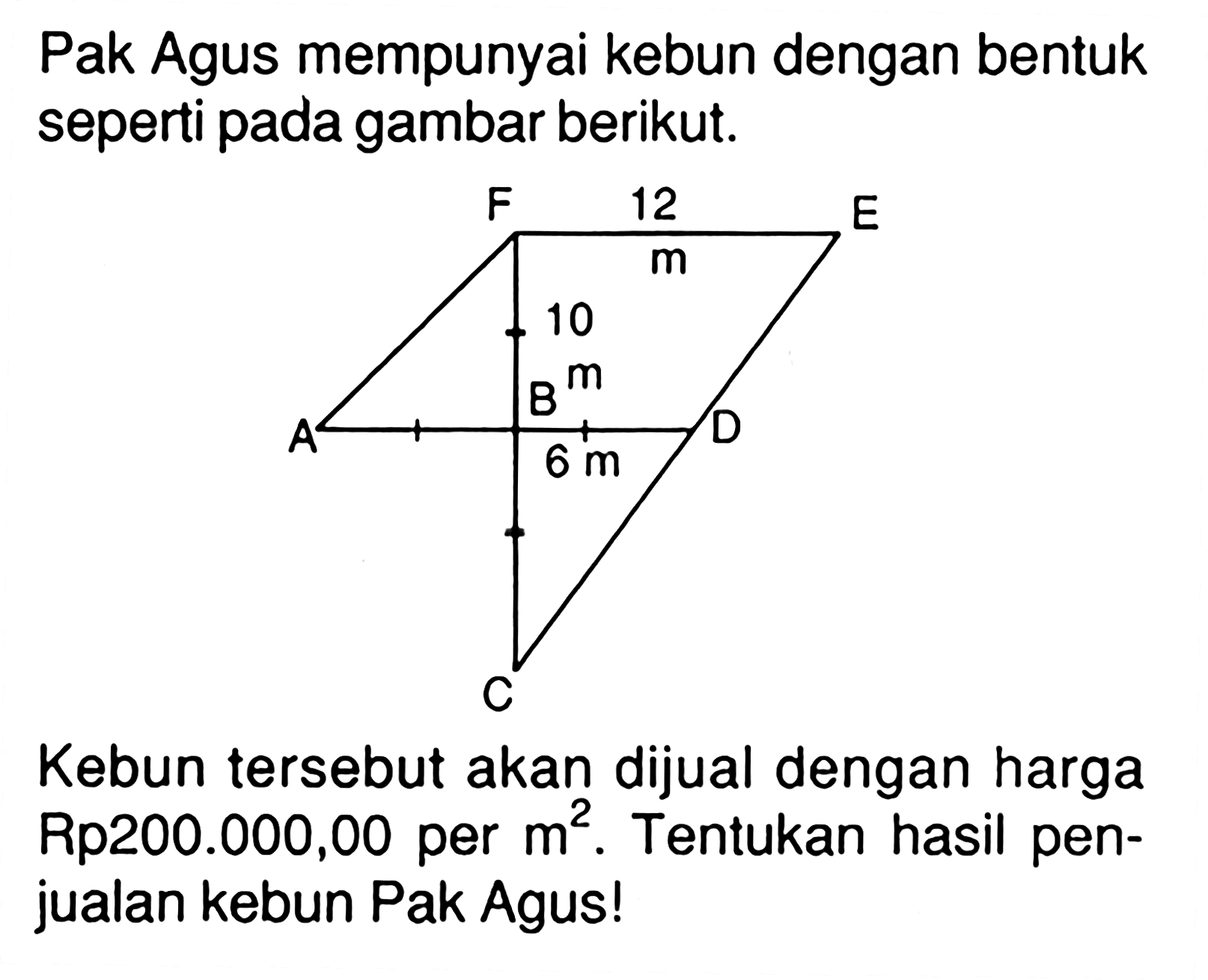 Pak Agus mempunyai kebun dengan bentuk seperti pada gambar berikut.12m 10m 6mKebun tersebut akan dijual dengan harga Rp200.000,00 per m^2. Tentukan hasil penjualan kebun Pak Agus!