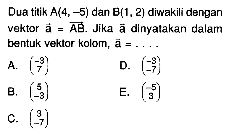 Dua titik  A(4,-5)  dan  B(1,2)  diwakili dengan vektor vektor a= vektor AB.  Jika vektor a  dinyatakan dalam bentuk vektor kolom, vektor a=...