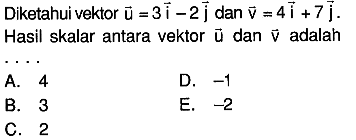 Diketahui vektor  u=3i-2j  dan vektor v=4i+7j. Hasil skalar antara vektor  u  dan vektor v  adalah ...
