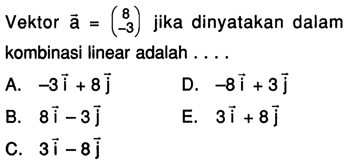 Vektor  vektor a=(8 -3)  jika dinyatakan dalam kombinasi linear adalah ....
