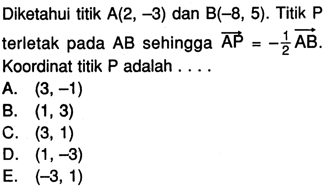 Diketahui titik  A(2,-3)  dan  B(-8,5) . Titik  P  terletak pada  AB  sehingga vektor AP=-1/2 vektor AB  Koordinat titik  P  adalah  ....  