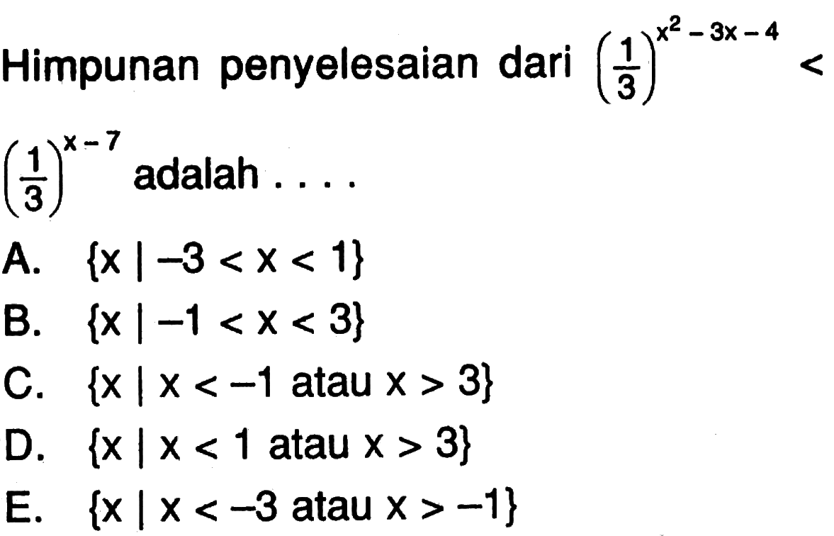 Himpunan penyelesaian dari (1/3)^(x^2-3x-4)<(1/3)^(x-7) adalah . . . .