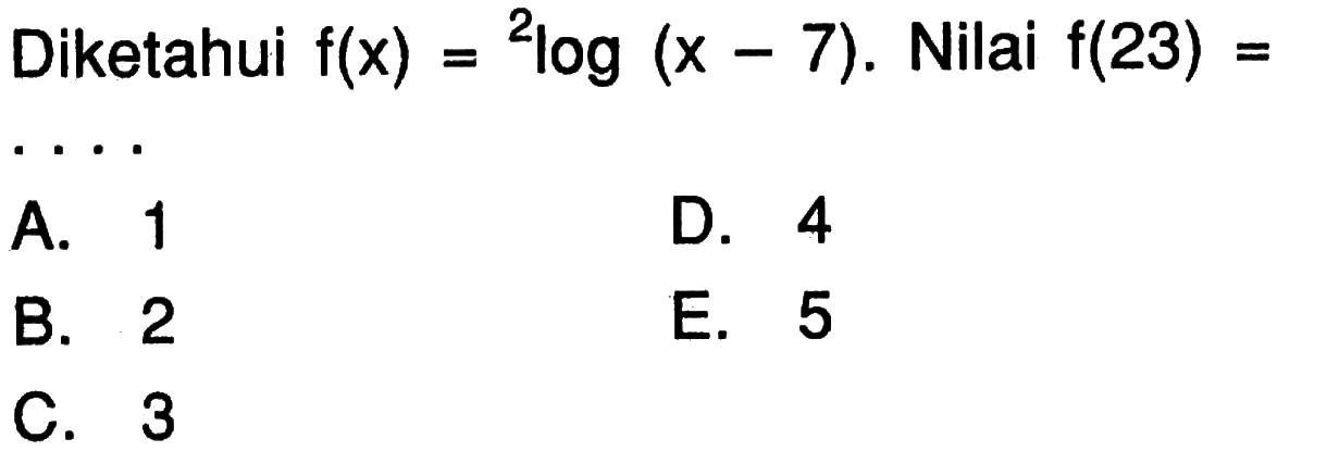 Diketahui f(x)=2log(x-7). Nilai f(23)=....